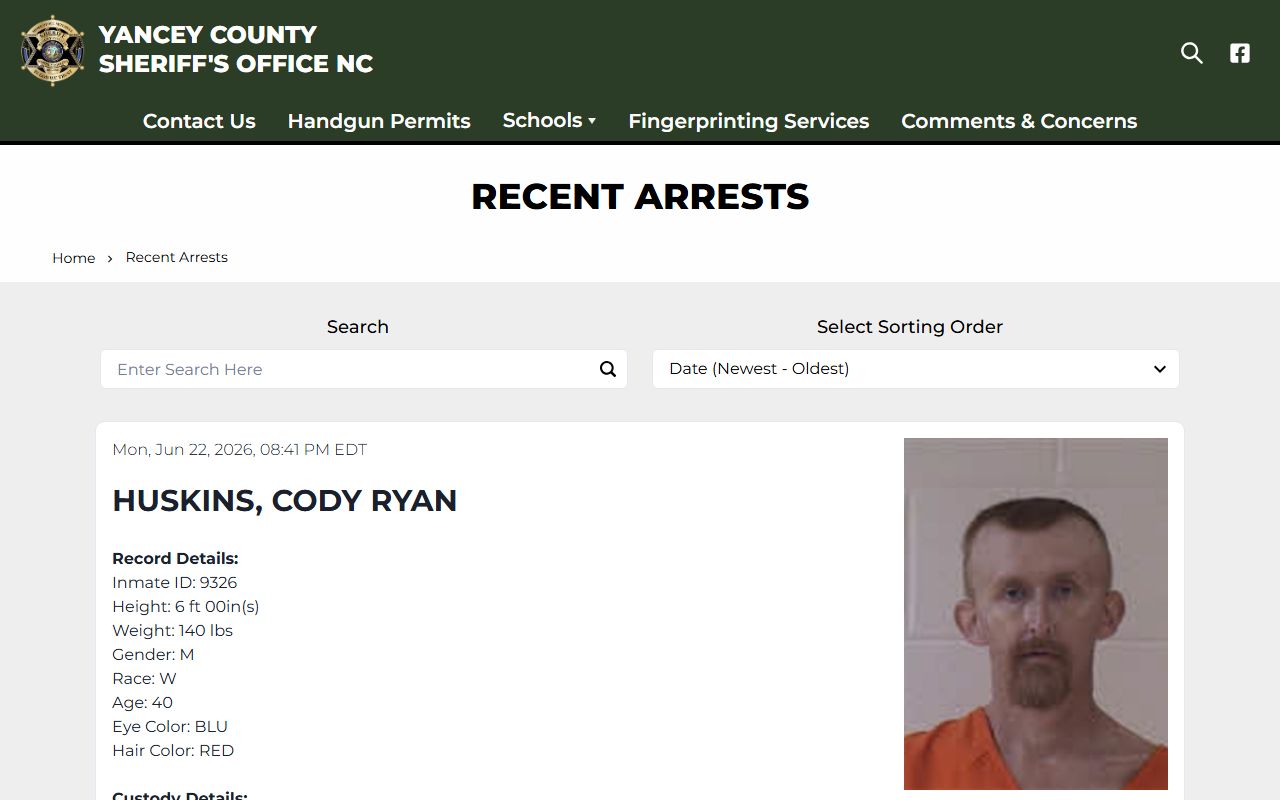 Yancey County Detention Center inmate roster lookup on the sheriff Recent Arrests feed